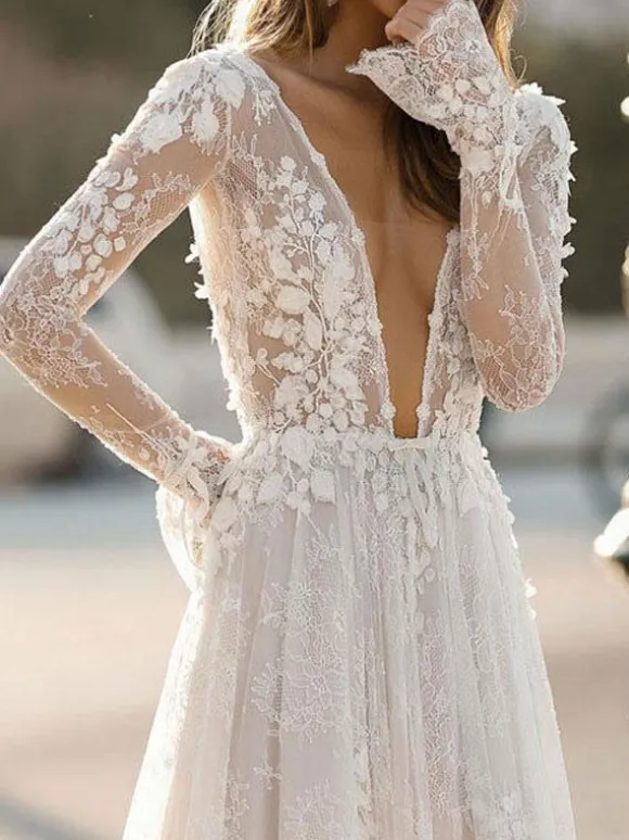 Simple Wedding Dress A Line V Neck Long Sleeves Lace Floor Length Bridal Gowns Free Customization