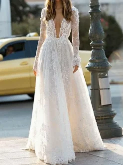 Simple Wedding Dress A Line V Neck Long Sleeves Lace Floor Length Bridal Gowns Free Customization