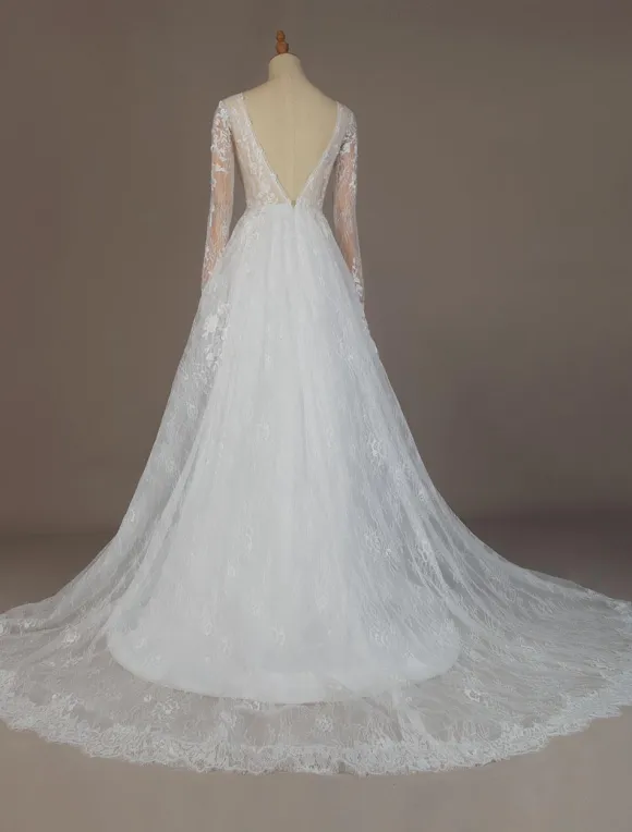 Simple Wedding Dress A Line V Neck Long Sleeves Lace Floor Length Bridal Gowns Free Customization