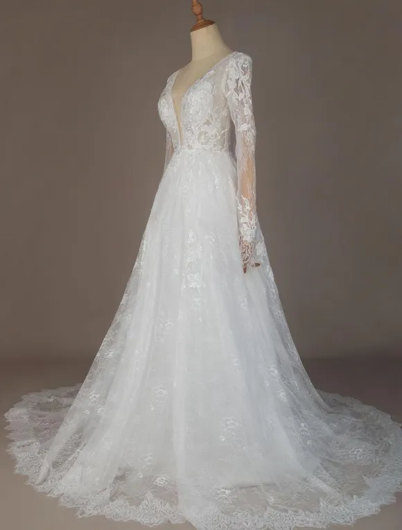 Simple Wedding Dress A Line V Neck Long Sleeves Lace Floor Length Bridal Gowns Free Customization