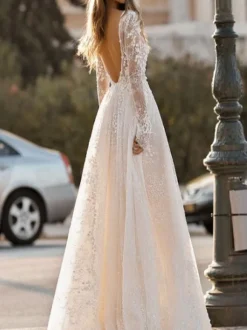 Simple Wedding Dress A Line V Neck Long Sleeves Lace Floor Length Bridal Gowns Free Customization