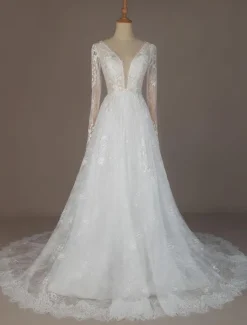 Simple Wedding Dress A Line V Neck Long Sleeves Lace Floor Length Bridal Gowns Free Customization