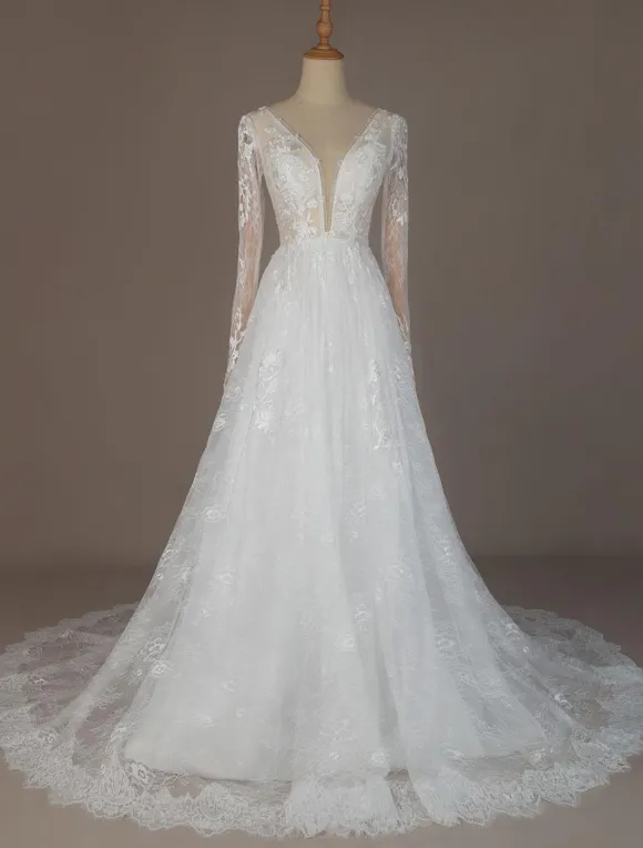 Simple Wedding Dress A Line V Neck Long Sleeves Lace Floor Length Bridal Gowns Free Customization