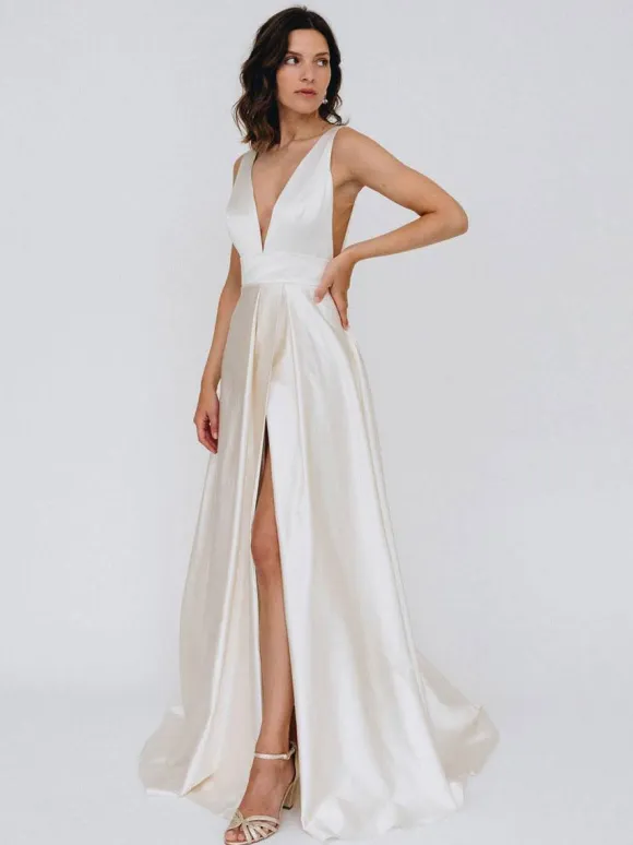 Simple Wedding Dress A-Line V-Neck Sleeveless Split Front Bridal Gowns