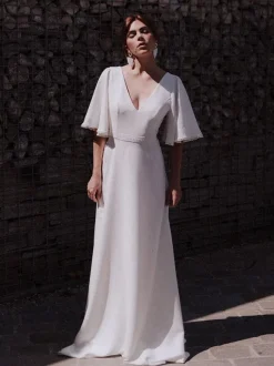 Simple Wedding Dress A-Line V-Neck Short Sleeves Lace Bridal Dresses