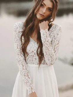 Simple Wedding Dress A Line V Neck Long Sleeve Floor Length Chiffon Lace Beach Wedding Dresses
