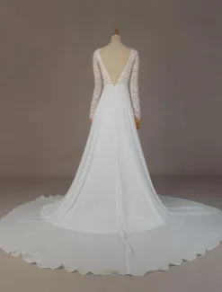 Simple Wedding Dress A Line V Neck Long Sleeve Floor Length Chiffon Lace Beach Wedding Dresses