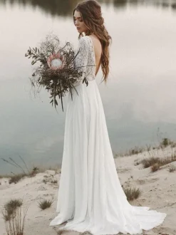 Simple Wedding Dress A Line V Neck Long Sleeve Floor Length Chiffon Lace Beach Wedding Dresses