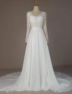 Simple Wedding Dress A Line V Neck Long Sleeve Floor Length Chiffon Lace Beach Wedding Dresses