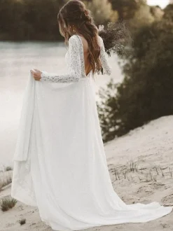 Simple Wedding Dress A Line V Neck Long Sleeve Floor Length Chiffon Lace Beach Wedding Dresses