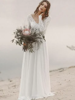 Simple Wedding Dress A Line V Neck Long Sleeve Floor Length Chiffon Lace Beach Wedding Dresses