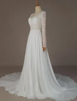 Simple Wedding Dress A Line V Neck Long Sleeve Floor Length Chiffon Lace Beach Wedding Dresses