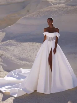 Simple Wedding Dress Ball Gown A-Line Designed Neckline Short Sleeves Cut Out Bridal Dresses