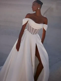 Simple Wedding Dress Ball Gown A-Line Designed Neckline Short Sleeves Cut Out Bridal Dresses