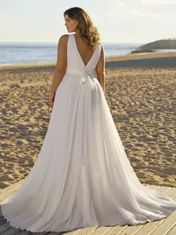 Simple Wedding Dress Chiffon V-Neck Sleeveless Sash A-Line Bridal Dresses