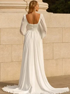Simple Wedding Dress Chiffon Sweetheart Neck Long Sleeves Pleated A-Line Bridal Dresses