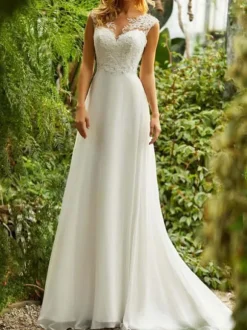 Simple Wedding Dresses 2026 Chiffon A Line V Neck Sleeveless Lace Beaded Bridal Gowns With Train