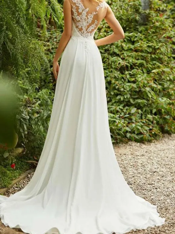Simple Wedding Dresses 2026 Chiffon A Line V Neck Sleeveless Lace Beaded Bridal Gowns With Train