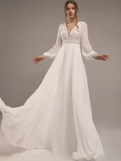 Simple Wedding Dress Lace Illusion Neckline Long Sleeves Lace A-Line Bridal Dresses Free Customization