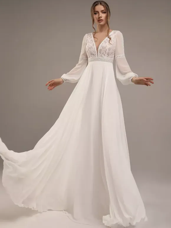 Simple Wedding Dress Lace Illusion Neckline Long Sleeves Lace A-Line Bridal Dresses Free Customization