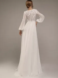 Simple Wedding Dress Lace Illusion Neckline Long Sleeves Lace A-Line Bridal Dresses Free Customization