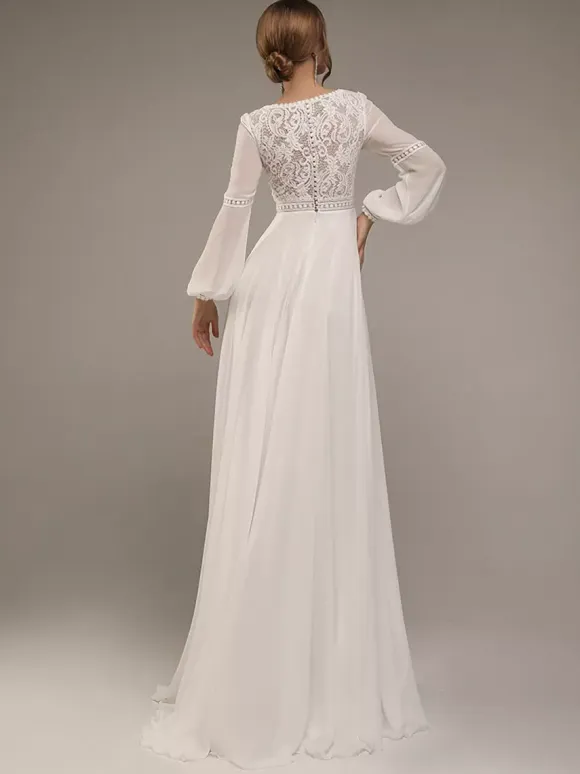 Simple Wedding Dress Lace Illusion Neckline Long Sleeves Lace A-Line Bridal Dresses Free Customization