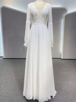 Simple Wedding Dress Lace Illusion Neckline Long Sleeves Lace A-Line Bridal Dresses Free Customization