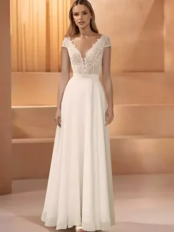 Simple Wedding Dress Lace V-Neck Short Sleeves Lace A-Line Bridal Gowns
