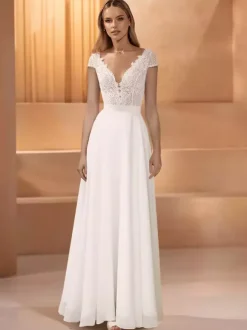 Simple Wedding Dress Lace V-Neck Short Sleeves Lace A-Line Bridal Gowns