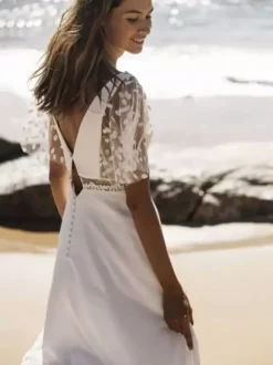 Simple Wedding Dress Lace V-Neck Short Sleeves Split Front Ball Gown 30cm Bridal Gowns