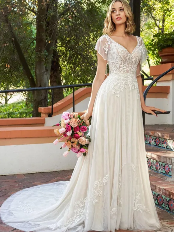 Simple Wedding Dress 2026 Lace V-Neck Sleeveless Lace A-Line Bridal Gowns Free Customization