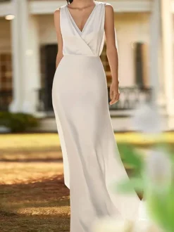 Simple Wedding Dress Lycra Spandex V-Neck Sleeveless Bows A-Line 60cm Bridal Dresses
