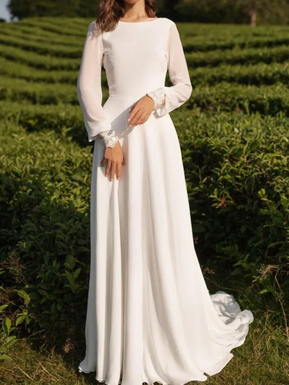 Simple Wedding Dress Lycra Spandex Bateau Neck Long Sleeves Lace A Line Bridal Gowns