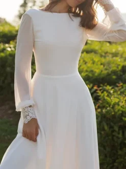 Simple Wedding Dress Lycra Spandex Bateau Neck Long Sleeves Lace A Line Bridal Gowns