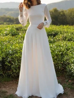 Simple Wedding Dress Lycra Spandex Bateau Neck Long Sleeves Lace A Line Bridal Gowns