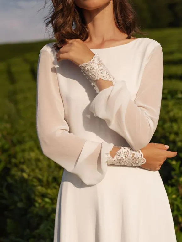 Simple Wedding Dress Lycra Spandex Bateau Neck Long Sleeves Lace A Line Bridal Gowns