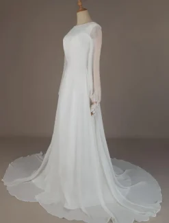 Simple Wedding Dress Lycra Spandex Bateau Neck Long Sleeves Lace A Line Bridal Gowns