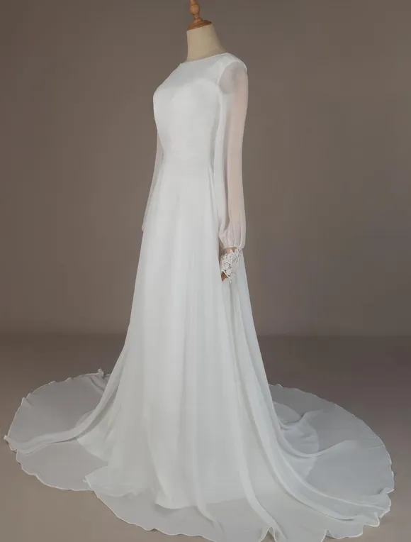 Simple Wedding Dress Lycra Spandex Bateau Neck Long Sleeves Lace A Line Bridal Gowns