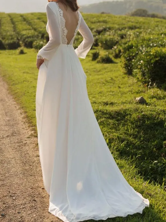 Simple Wedding Dress Lycra Spandex Bateau Neck Long Sleeves Lace A Line Bridal Gowns
