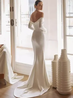 Simple Wedding Dress Mermaid Bateau Neck Long Sleeves Pleated 30cm Bridal Dresses