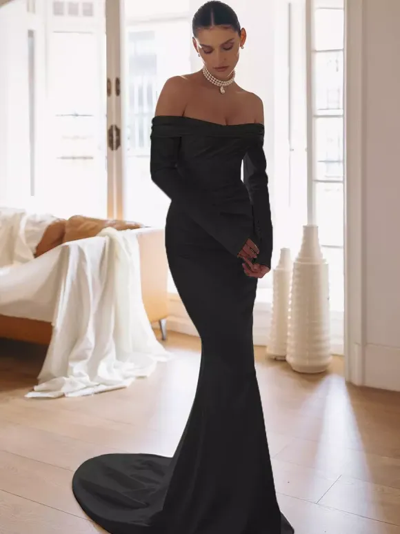 Simple Wedding Dress Mermaid Bateau Neck Long Sleeves Pleated 30cm Bridal Dresses