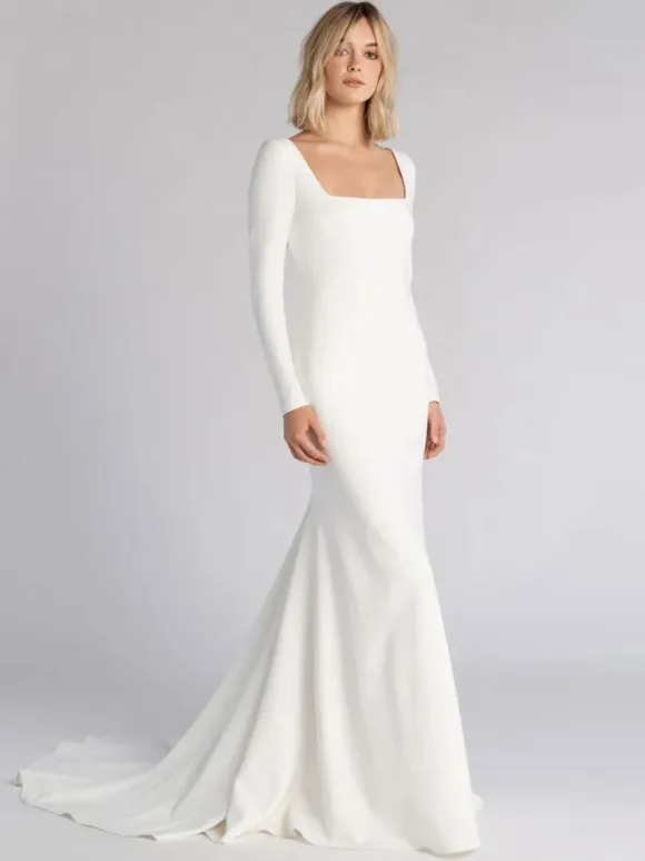Simple Wedding Dress 2026 Mermaid Square Neck Long Sleeves Bridal Dresses Free Customization