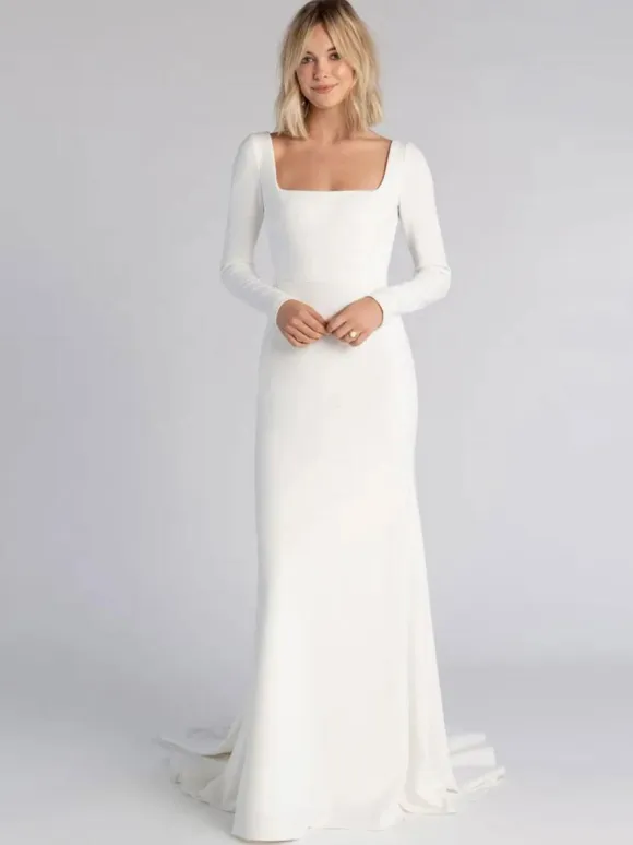 Simple Wedding Dress 2026 Mermaid Square Neck Long Sleeves Bridal Dresses Free Customization