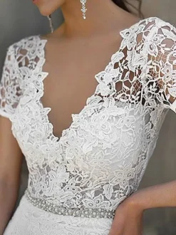 Simple Wedding Dress Mermaid Lace V Neck Short Sleeves Beaded Sash Bridal Dresses With Train
