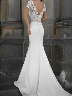 Simple Wedding Dress Mermaid Lace V Neck Short Sleeves Beaded Sash Bridal Dresses With Train