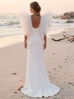 Simple Wedding Dress Polyester Square Neck Short Sleeves Mermaid Bridal Gowns