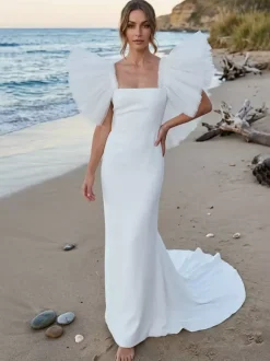Simple Wedding Dress Polyester Square Neck Short Sleeves Mermaid Bridal Gowns
