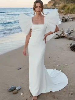 Simple Wedding Dress Polyester Square Neck Short Sleeves Mermaid Bridal Gowns