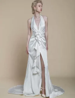 Simple Wedding Dress Polyester Designed Neckline Sleeveless Flowers Sheath 50cm Bridal Dresses