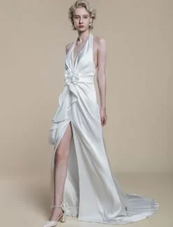 Simple Wedding Dress Polyester Designed Neckline Sleeveless Flowers Sheath 50cm Bridal Dresses